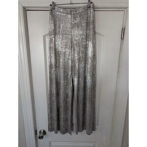 Elevenses Anthropologie Silver Metallic Pleated Wide Leg Pants Womens Small S